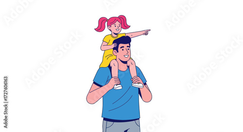 Father carrying daughter on shoulders pointing forward family bonding moment.