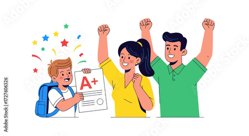 Happy Student Showing A Grade to Cheering Adults Celebrating Academic Success.