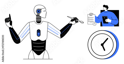 Humanoid AI robot holding tools, pointing, and assisting in task management. Human interacting with tablet and checklist. Clock emphasizing time management. Ideal for teamwork, technology