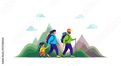 Parents and child hiking with backpacks enjoying outdoor adventure.