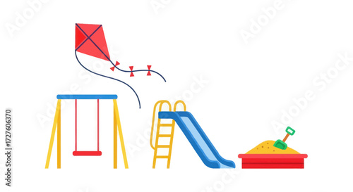 Playground Equipment: Swing Set Slide Sandbox and Red Kite.