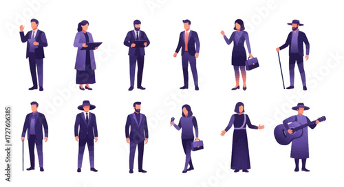 Diverse Group of Stylized People in Various Poses and Attire.