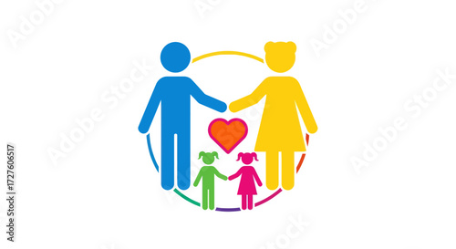 Colorful stick figure family holding hands with a heart symbolizing unity and love.
