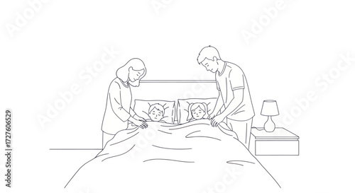 Loving Parents Tuck Their Child into Bed for a Peaceful Nights Sleep.