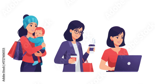 Diverse Women in Daily Life Activities Vector Illustration.
