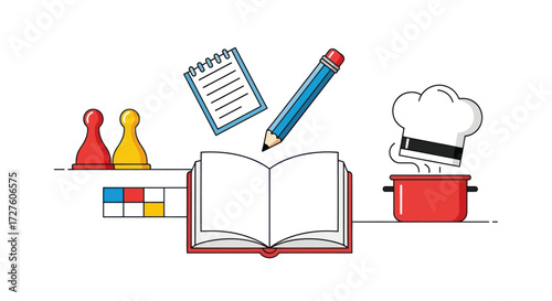 Open book with cooking writing and gaming elements.