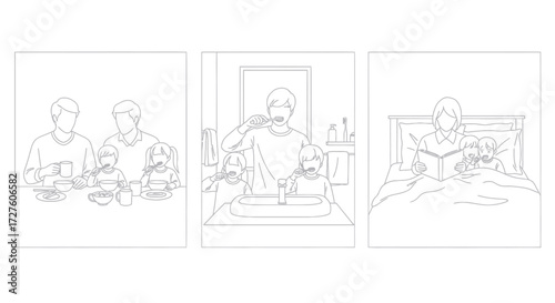 Daily Routine Line Art: Eating Brushing Teeth and Reading in Bed.