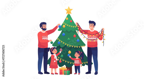 Gay Couple and Children Decorating Christmas Tree.