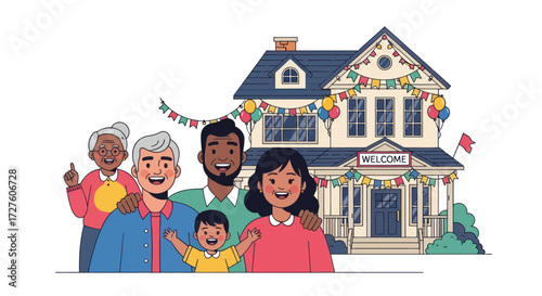 Cheerful Family Posing in Front of Decorated Home.