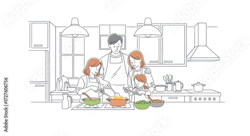 Family Cooking Together in a Modern Kitchen Preparing Food.