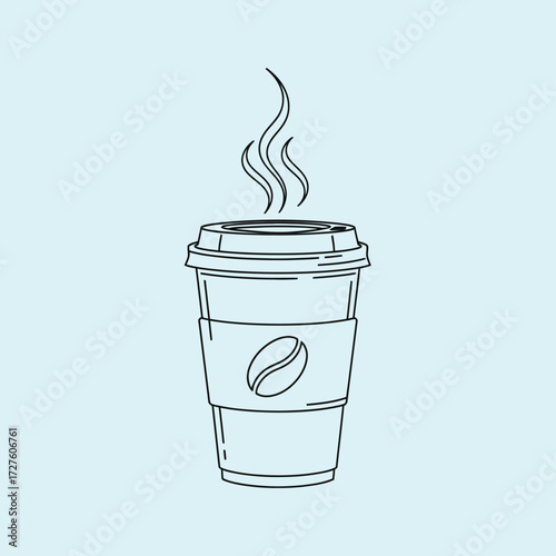 A simple line drawing depicts a steaming cup of coffee or tea