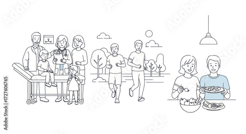 Line art illustration of healthy lifestyle activities: medical check-up outdoor jogging and balanced eating.