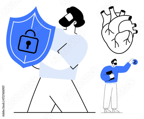 Man grips shield featuring a padlock, symbolizing protection, anatomical heart represents health, smaller figure holding coffee adds human aspect. Ideal for data security, healthcare, habits