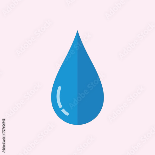 A single blue water droplet on a pale pink background displayed