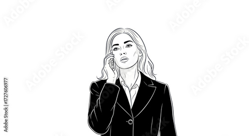 Monochrome line art illustration of a thoughtful woman on a phone call.