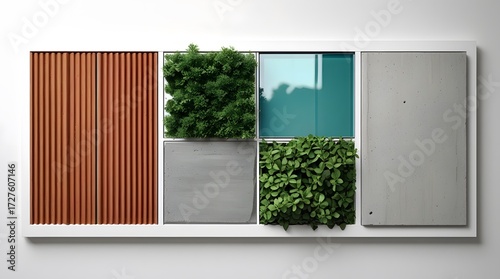 Architectural Design Swatches: Terracotta Louvers, Glass Glazing, Greenery, Concrete & Metal
