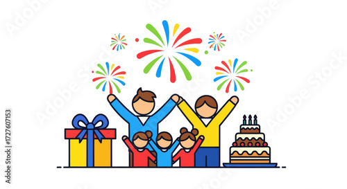 Cartoon Family Celebrating Birthday with Gifts and Fireworks.
