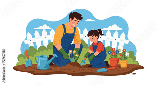Father and Daughter Planting Seedlings Together in Garden.