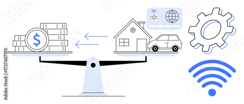 Balance scale weighing money stacks against house, car, and tech icons. Gear and wireless denote industry and connectivity. Ideal for economics, finance, trade, technology, industry balance