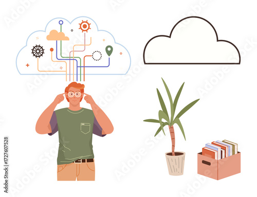 Man with connected thought cloud above, lines of data and gears. Potted plant and box of books for inspiration. Ideal for brainstorming, organization, data flow, innovation, productivity, strategy