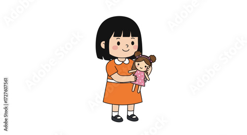 Cartoon girl with short black hair holding a doll in her arms.