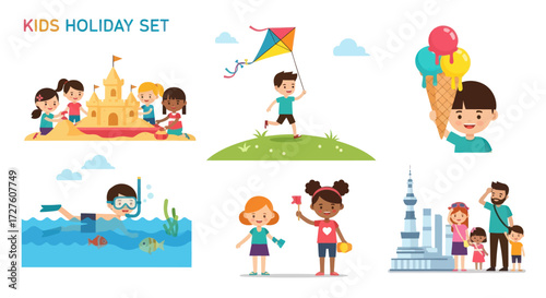 Diverse Children Enjoying Various Holiday Activities and Iconic Landmarks.