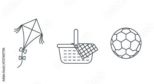 Outline Illustrations of Kite Picnic Basket and Soccer Ball.