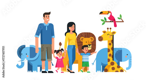 Happy Family with Safari Animals: Elephants Giraffe Lion Toucan.