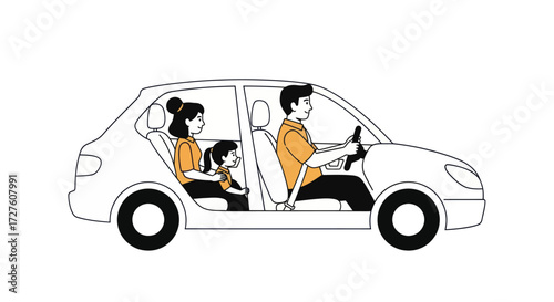 Family of Four Driving in a White Car Illustration.