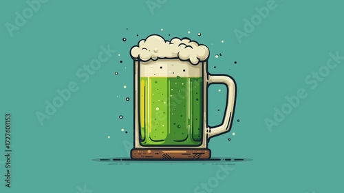 Bright green beer served in a glass with frothy foam on top
