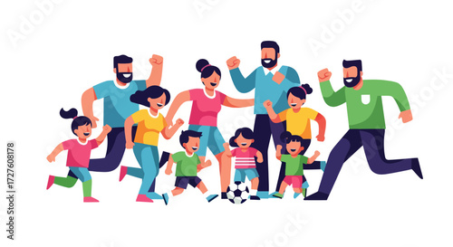 Diverse Family Group Engaged in Joyful Outdoor Activity with Soccer Ball.