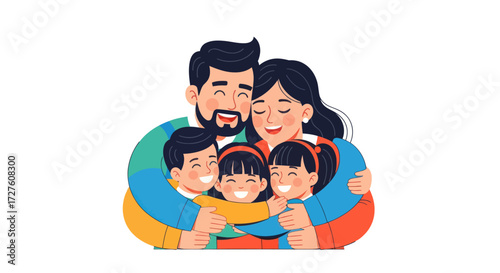 A loving family of four embracing warmly in a joyful hug.