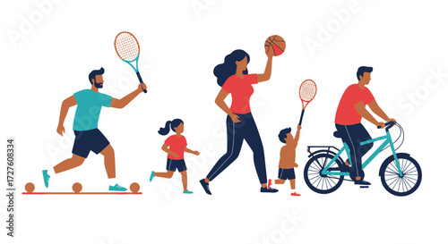 Family enjoying outdoor activities: tennis basketball running biking and skateboarding.