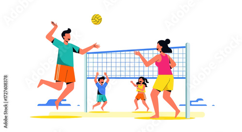 Family playing beach volleyball game on a sunny day with a net and ball.