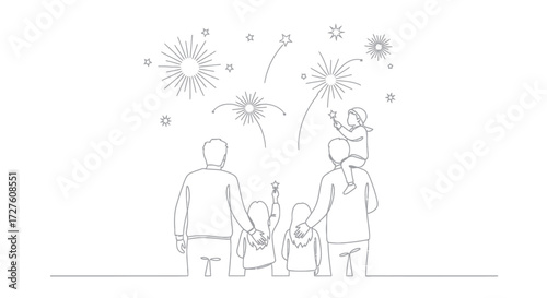 Family Watching Festive Fireworks Display Line Art.