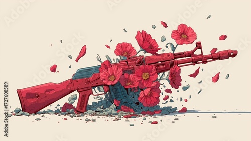 Artistic representation of an assault rifle adorned with vibrant flowers