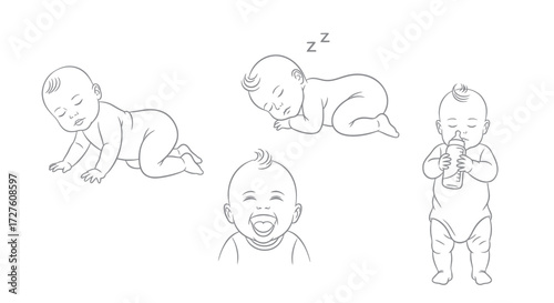 Adorable Baby Line Art Illustrations in Various Poses and Activities.
