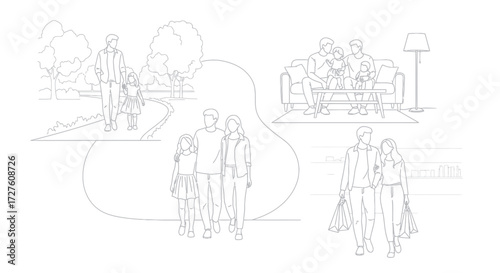 A minimalist line art illustration set depicting various family life moments and activities.