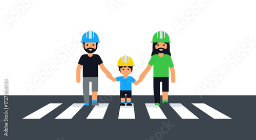 Family Crossing Street: Father Mother and Child Wearing Helmets on Zebra Crossing.