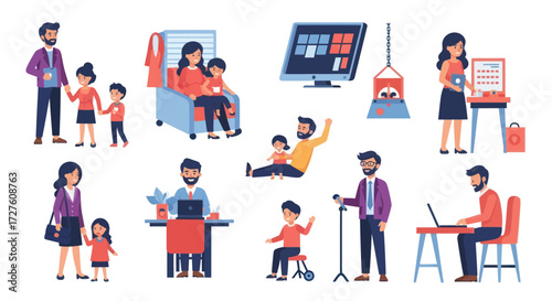 A colorful flat vector illustration set of family and work life scenes featuring parents children and office workers in various daily activities.