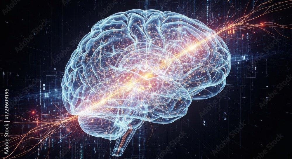 Naklejka premium Digital Brain Visualization: Neural Pathways and AI Processes