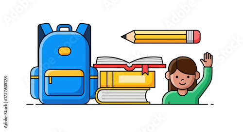 School Supplies and Student Illustration: Backpack Books Pencil and Girl Raising Hand.