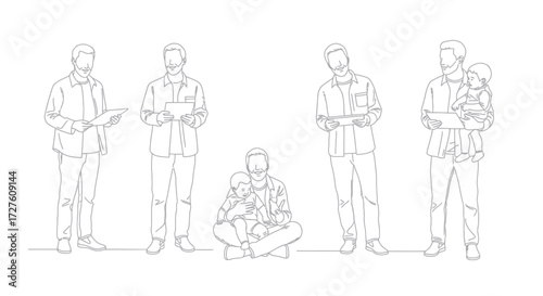 Line Drawing of Diverse Men in Various Poses.