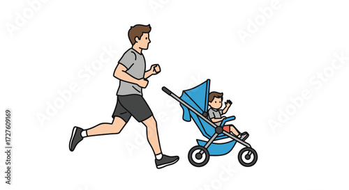 Father Jogging with Baby in Modern Stroller.