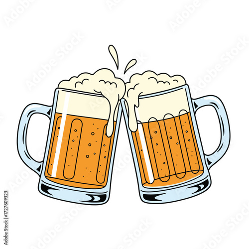 Two frothy glasses of beer clinking together in a cheerful toast