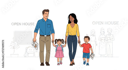 Diverse family walking hand-in-hand attending an open house event.
