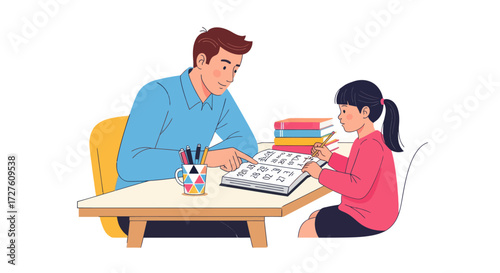 Father patiently teaching his daughter at a desk with books.