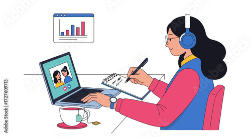 Woman Working Remotely with Laptop Headphones and Notes.