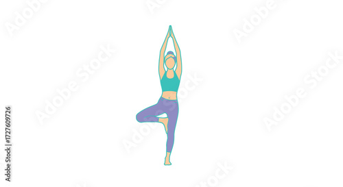 Stylized Woman in Tree Pose Yoga Illustration Teal and Purple Activewear.