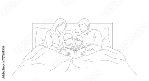 Family Reading Book Together in Bed at Night.